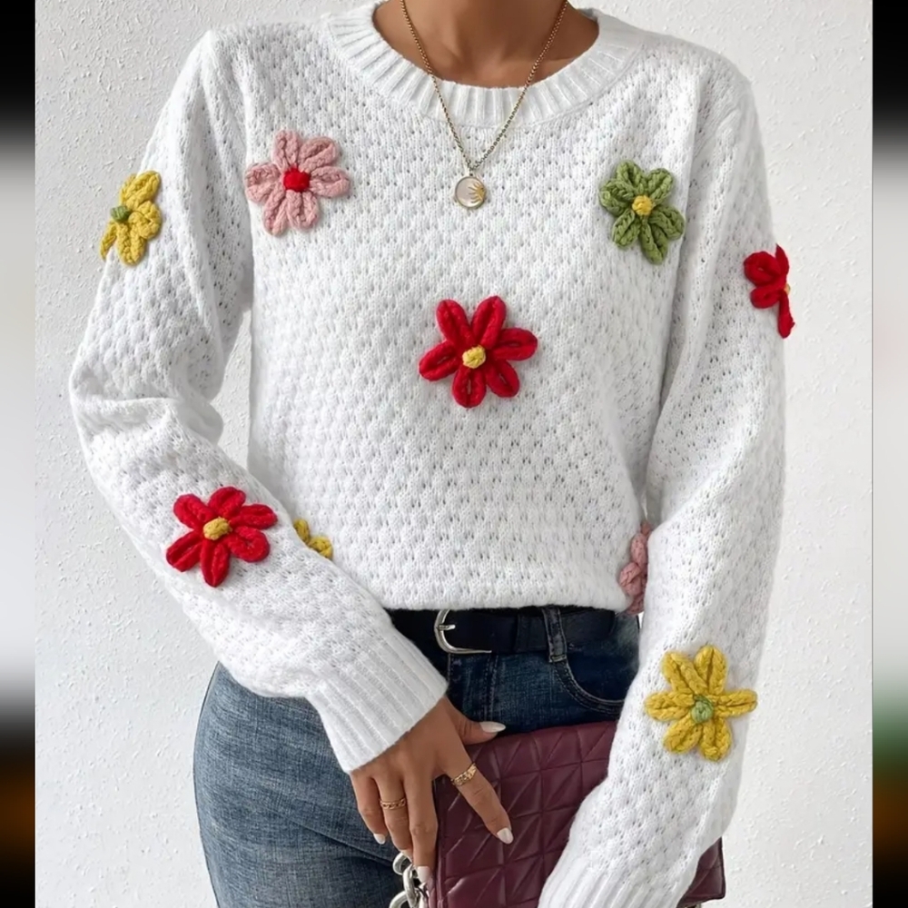 New Floral Design Crew Neck Knitted Sweater, Casual Long Sleeve Drop Shoulder